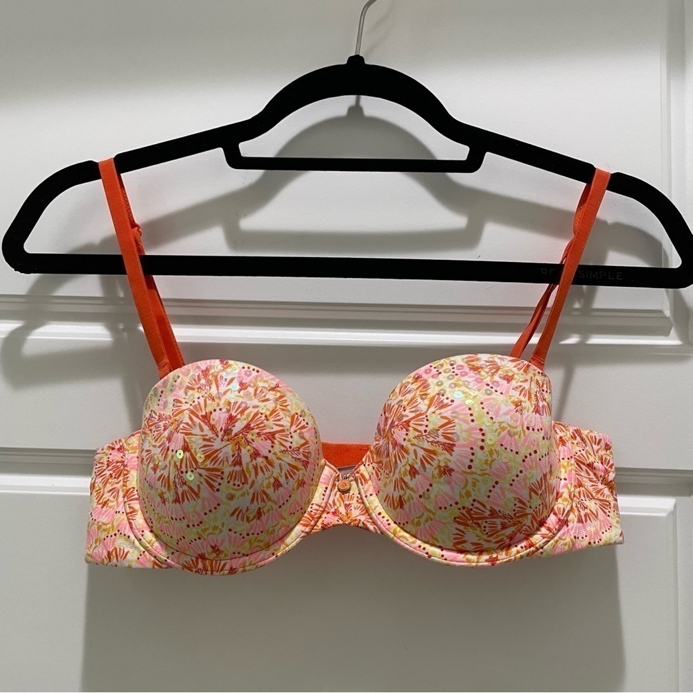 Victoria’s Secret Orange Yellow and Pink Lined Strapless Removable Straps Bra